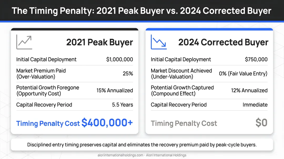 2021 peak buyer versus 2024 corrected buyer timing penalty cost comparison infographic