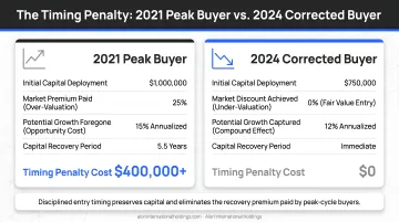 2021 peak buyer versus 2024 corrected buyer timing penalty cost comparison infographic