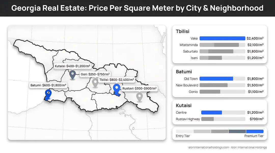 Georgia real estate price per square meter by city and neighborhood comparison map infographic