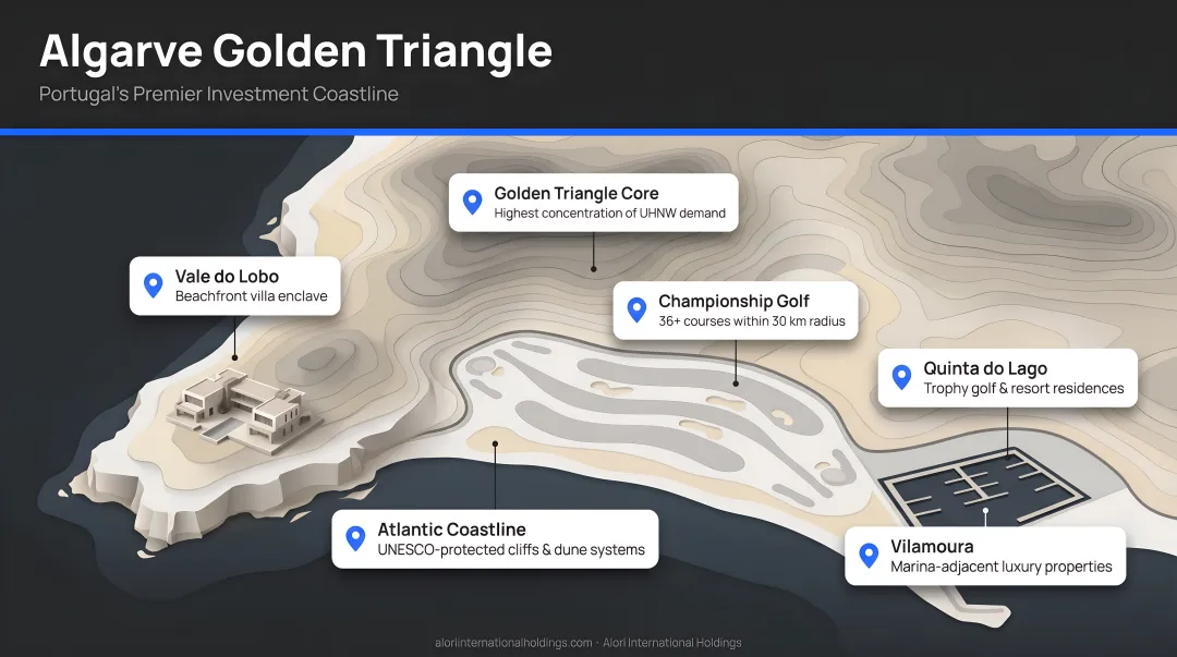 Aerial view of Algarve Golden Triangle coastline with luxury villas and championship golf courses