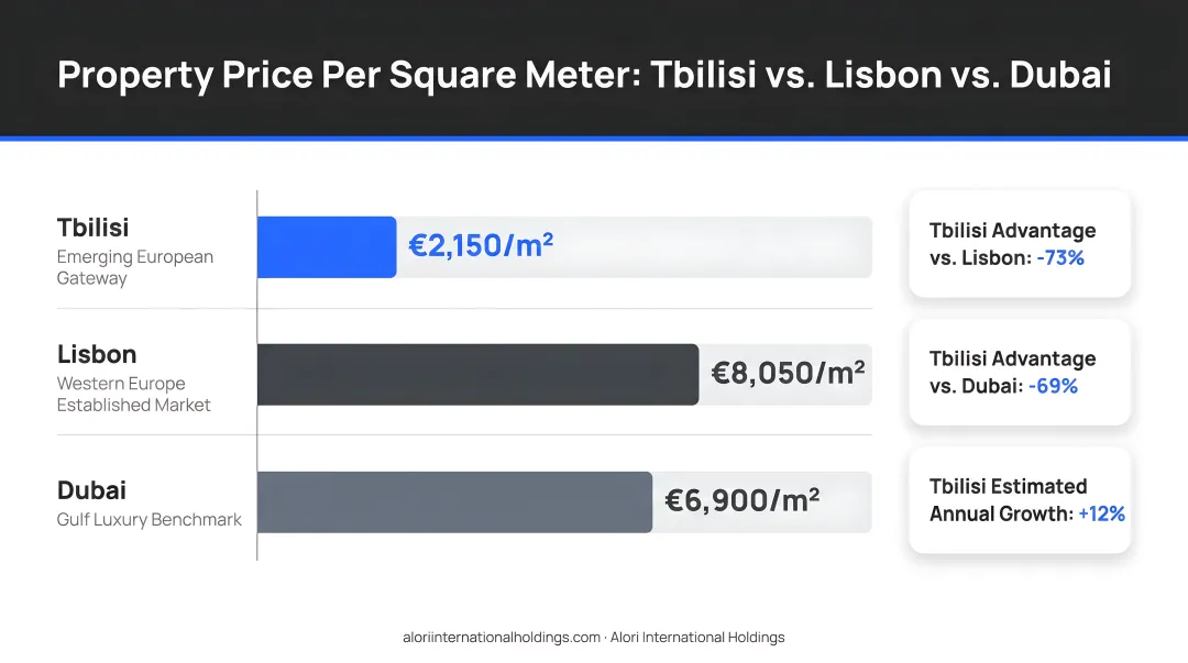 Property price per square meter comparison Tbilisi versus Lisbon and Dubai markets
