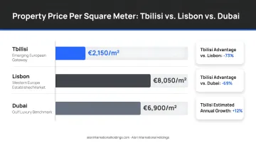 Property price per square meter comparison Tbilisi versus Lisbon and Dubai markets
