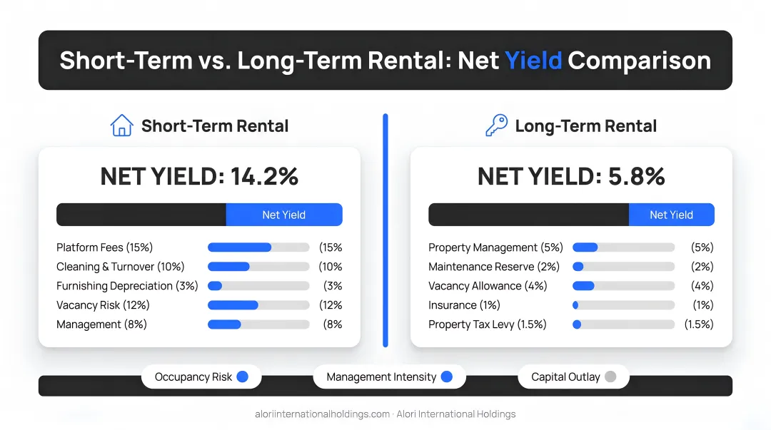 Short-term versus long-term rental net yield comparison with cost breakdown infographic