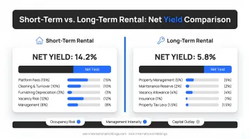 Short-term versus long-term rental net yield comparison with cost breakdown infographic