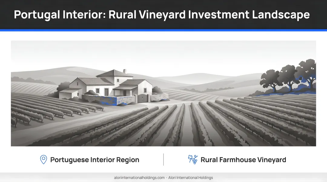 Scenic Portuguese interior region with rural farmhouse vineyard landscape
