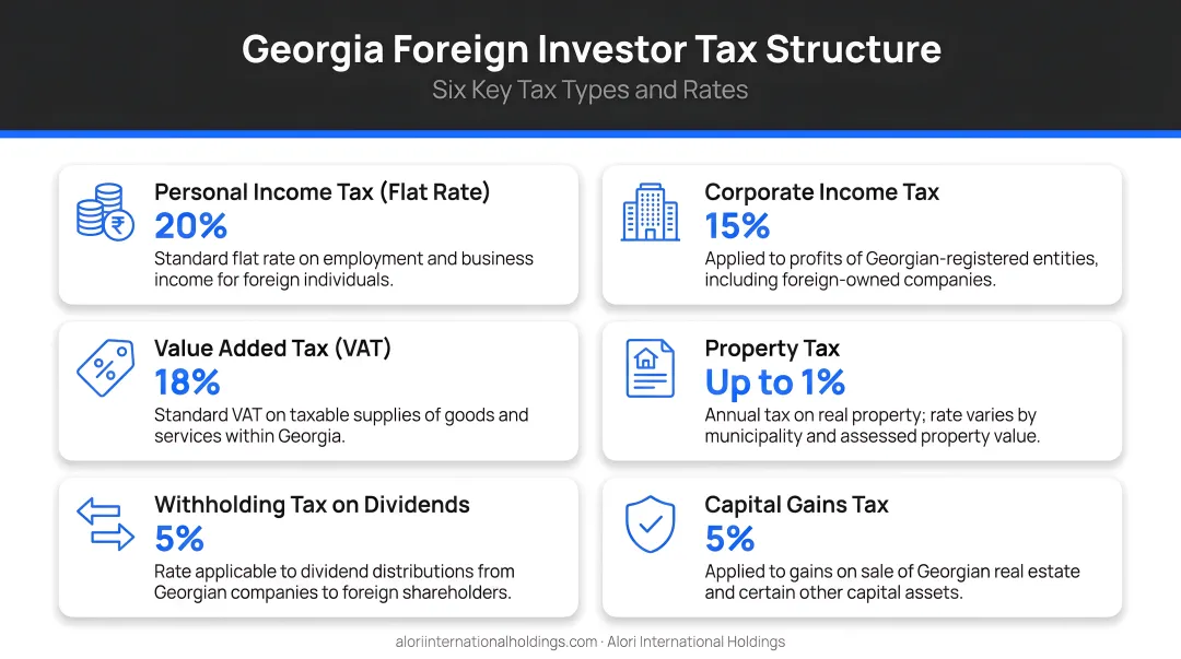 Georgia foreign investor tax structure overview showing six key tax types and rates