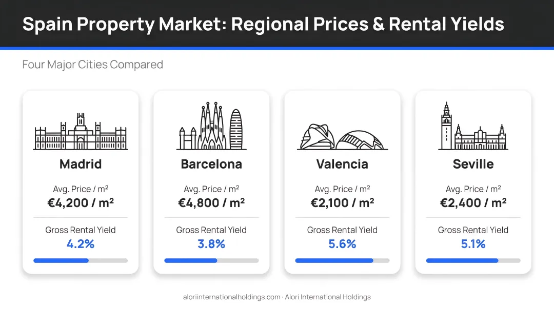 Spain regional property prices and rental yields comparison across four major cities