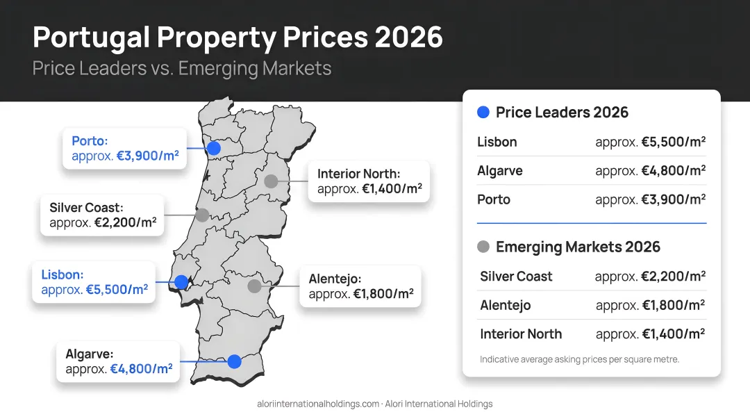 Portugal regional property prices comparison map 2026 price leaders versus emerging markets
