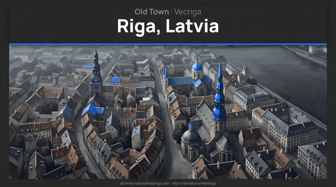 Riga Latvia Old Town Vecriga residential buildings and skyline aerial view