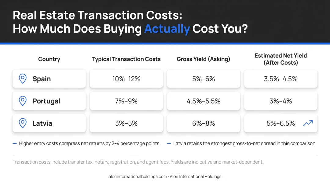 European real estate transaction cost comparison Spain Portugal Latvia gross net yield impact