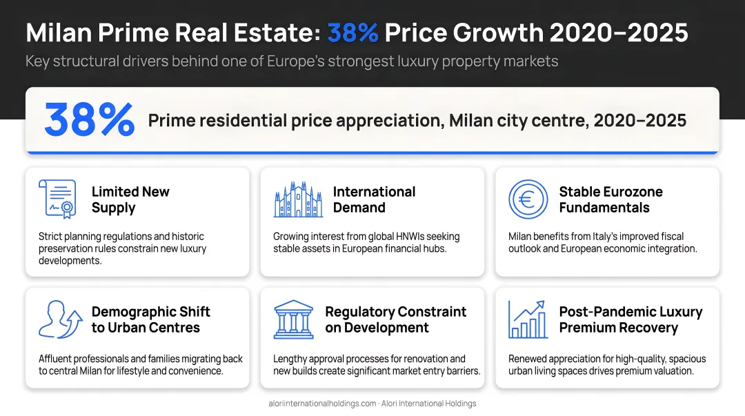 Milan prime real estate 38% price growth 2020-2025 key drivers infographic