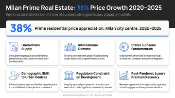 Milan prime real estate 38% price growth 2020-2025 key drivers infographic