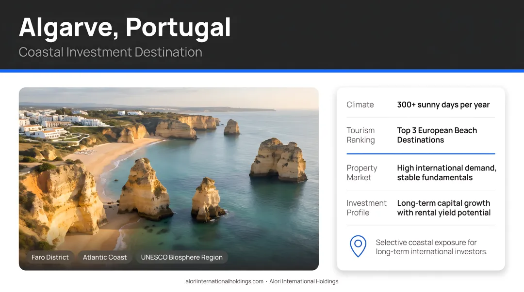 Portugal Algarve coastal holiday rental property with tourist beach destination view