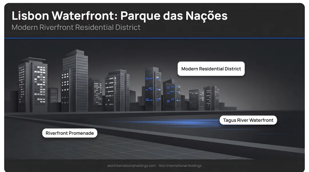 Lisbon waterfront Parque das Nações modern residential district with riverfront promenade