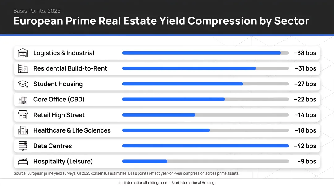 European prime real estate yield compression by sector basis points 2025