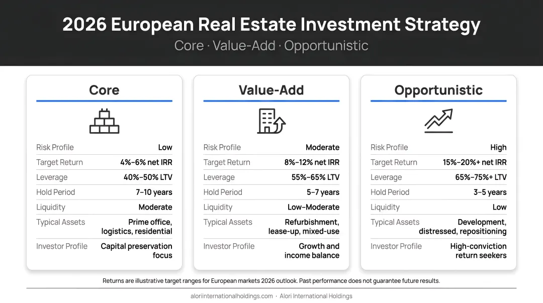 2026 European real estate investment strategy tiers core value-add opportunistic comparison