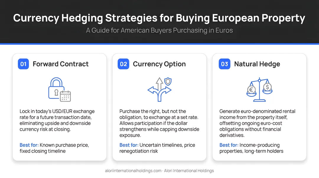 Three currency hedging strategies for Americans buying European property in euros
