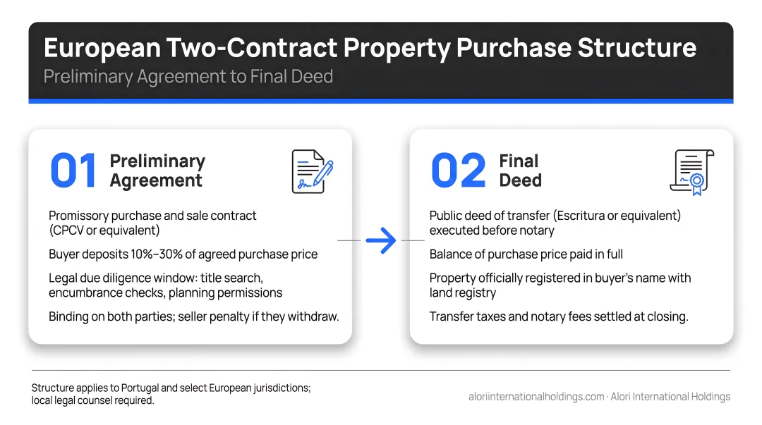 European two-contract property purchase structure preliminary agreement to final deed