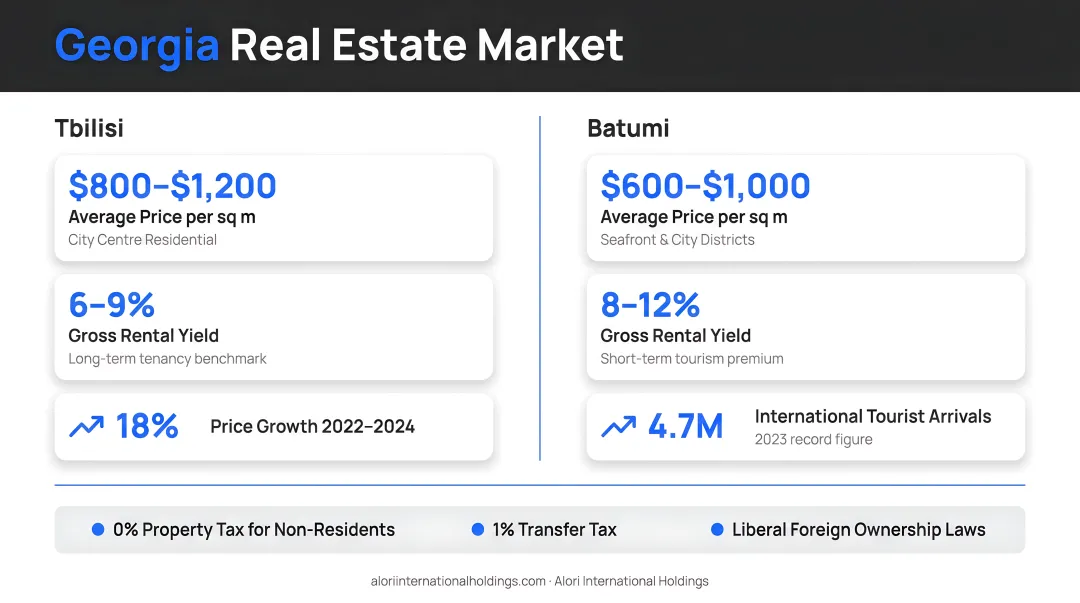 Georgia real estate market data showing Tbilisi Batumi prices yields and tourism growth