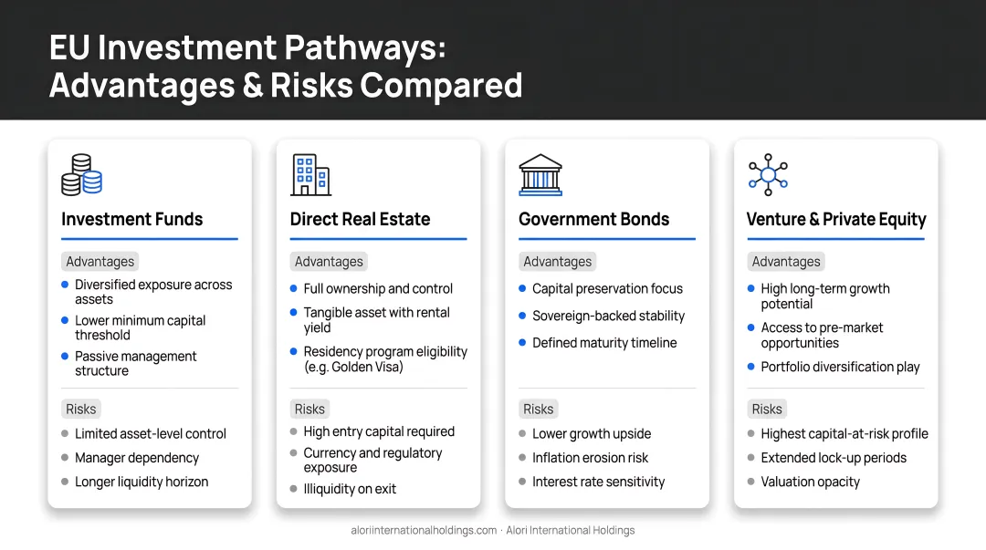 Four EU investment pathway types comparison showing advantages and risks