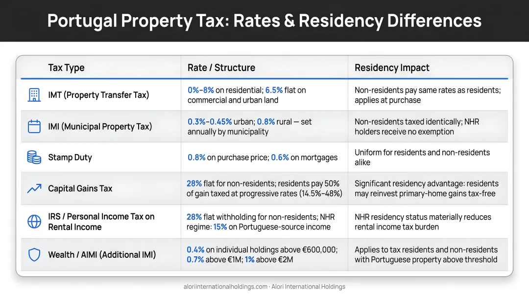 Six Portugal property tax types rates and residency differences comparison chart
