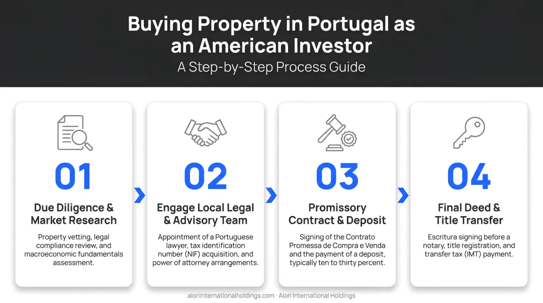 Four-step Portugal property purchase process for American foreign investors flowchart