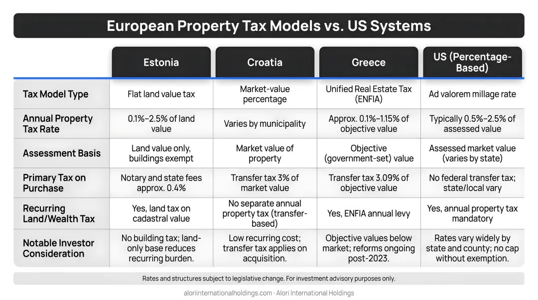 European property tax structural models comparison Estonia Croatia Greece and US percentage systems