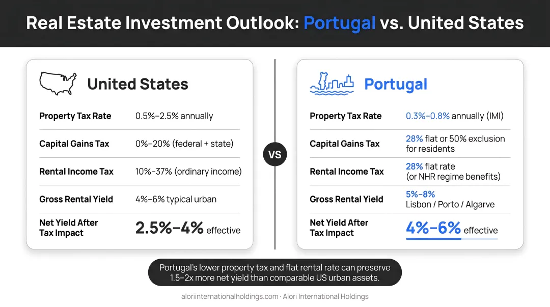 US versus Portugal property tax rental yield impact side-by-side comparison infographic