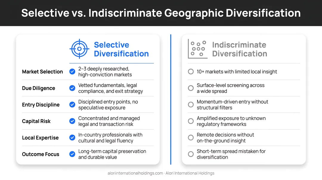 Selective versus indiscriminate geographic real estate diversification comparison infographic