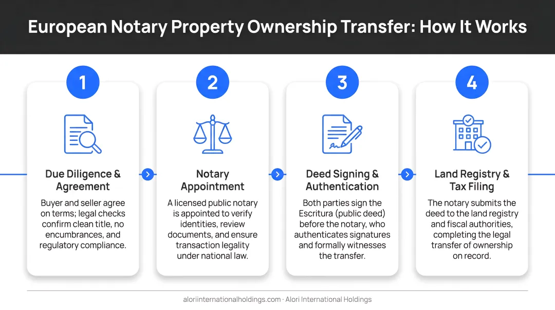 European notary system four-step property ownership transfer process flow