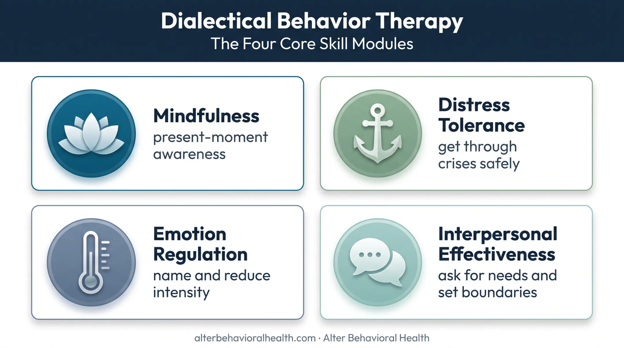Four DBT skill areas used in borderline personality disorder treatment