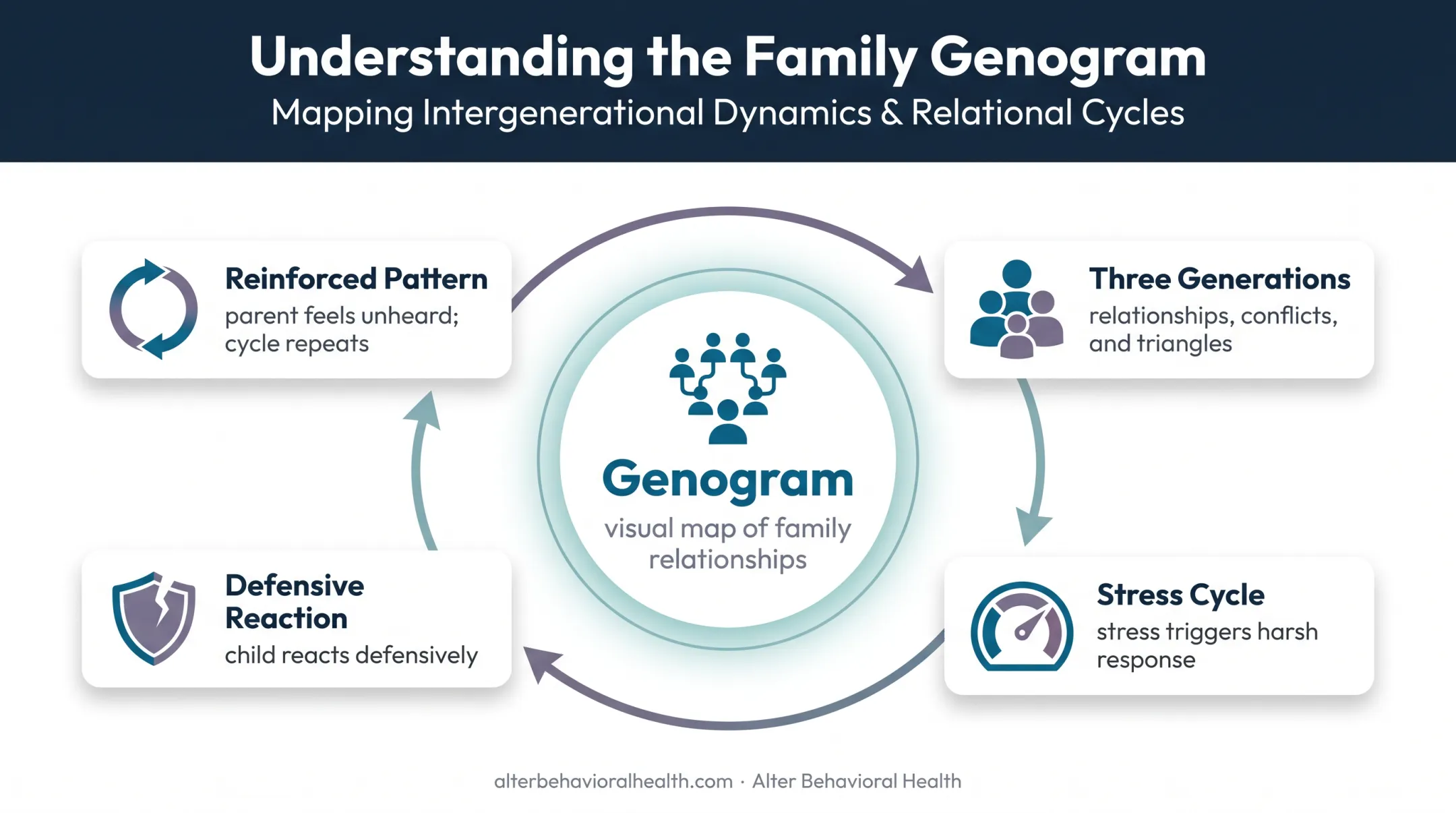 Family genogram showing three generations and recurring conflict patterns