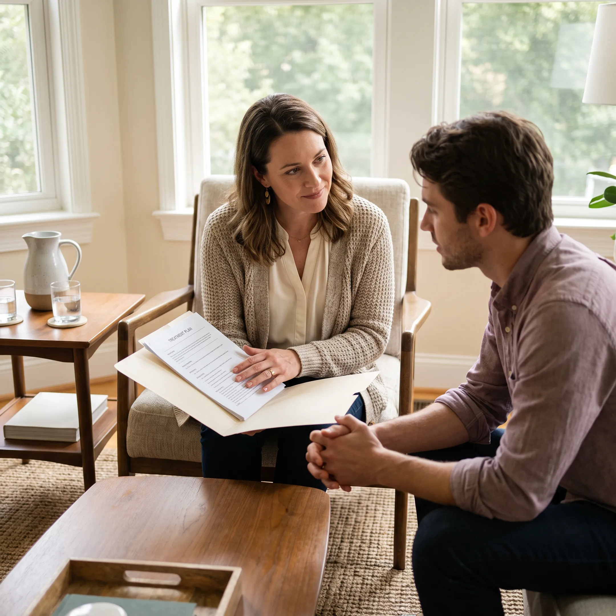 Clinician discussing an individualized inpatient mental health care plan with an adult client