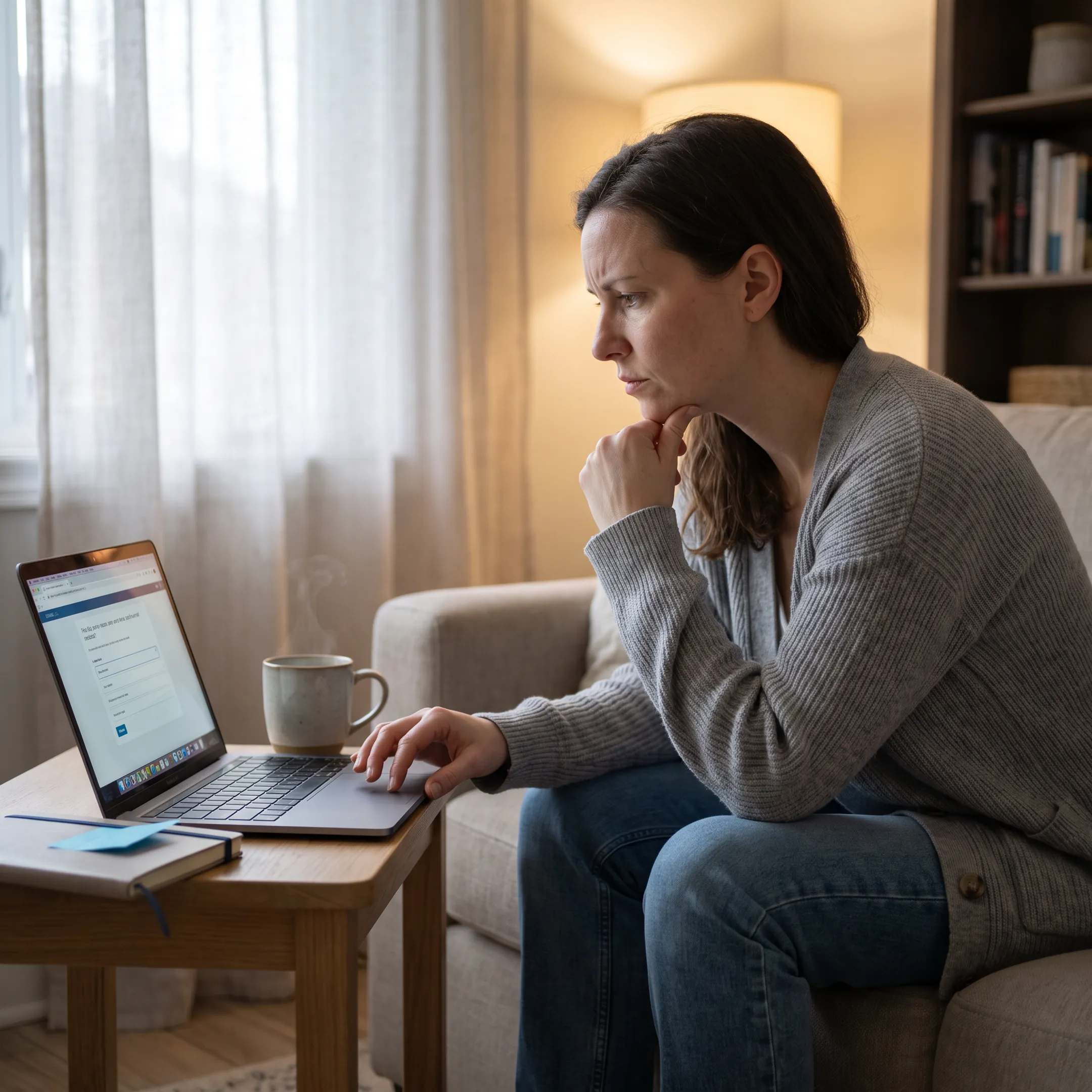 Adult completing a social anxiety screening on a laptop in a calm setting