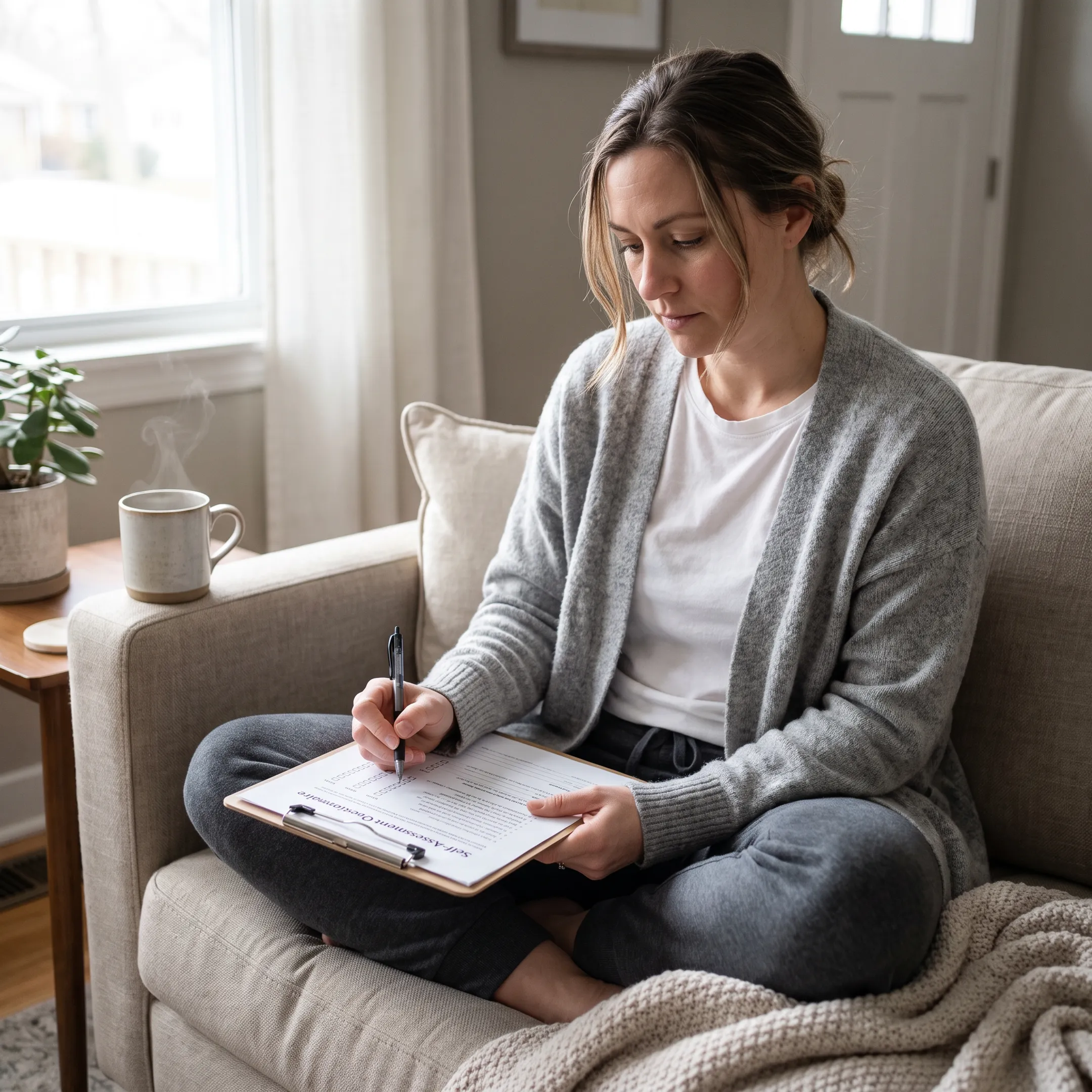 Person completing a mental health self-assessment with supportive guidance nearby