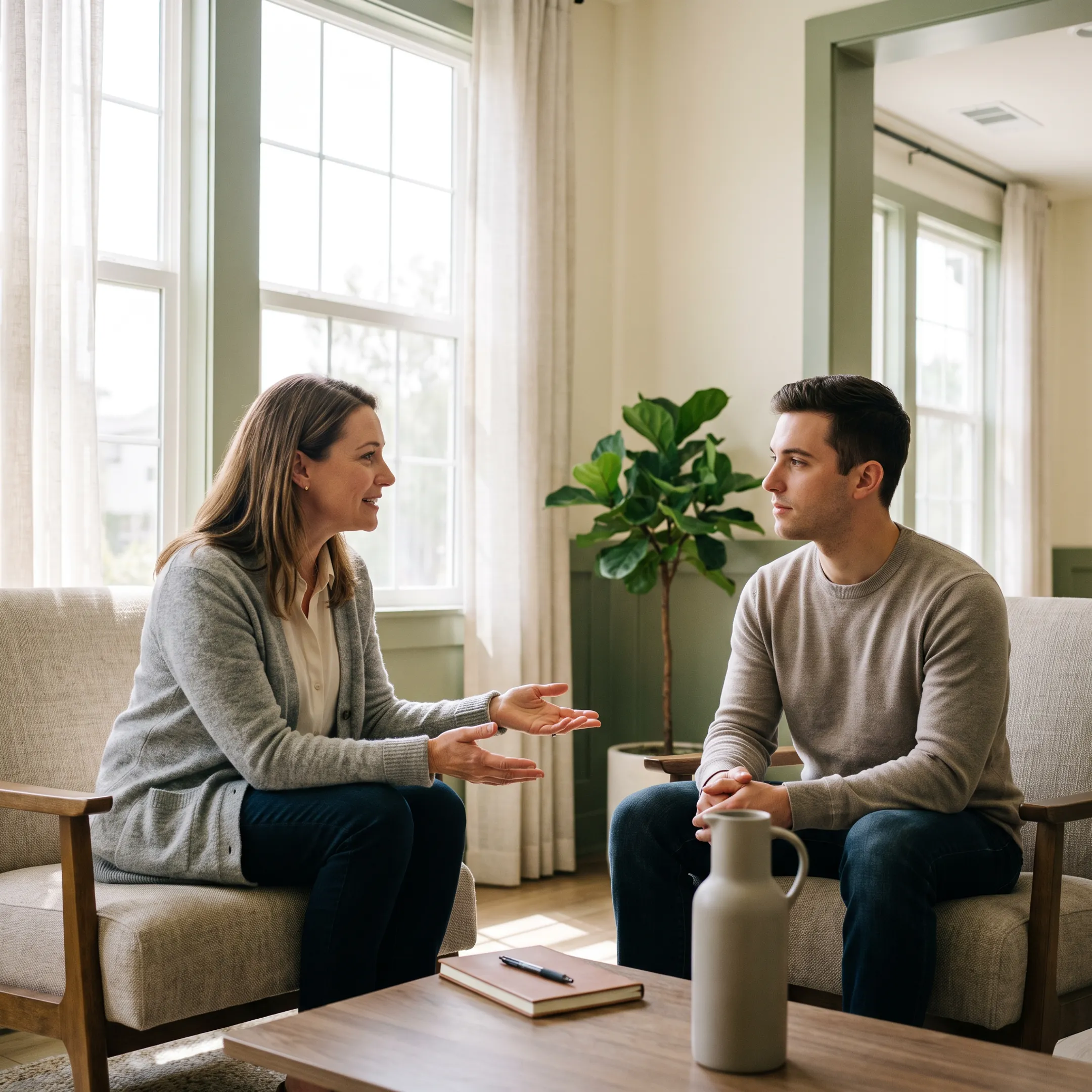 Residential mental health treatment setting with comfortable lounge and supportive clinician