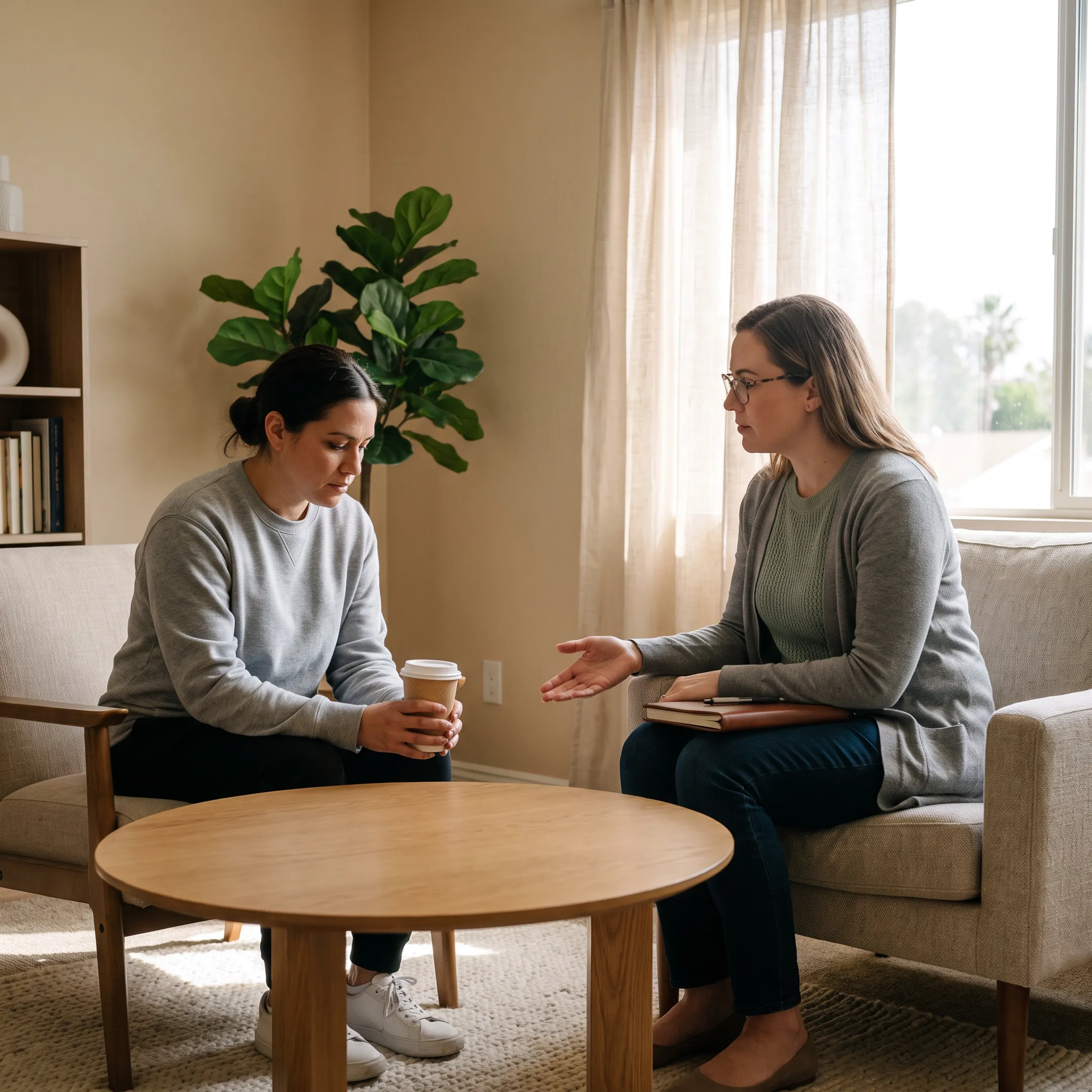 Clinician speaking with an adult resident in a calm residential treatment setting
