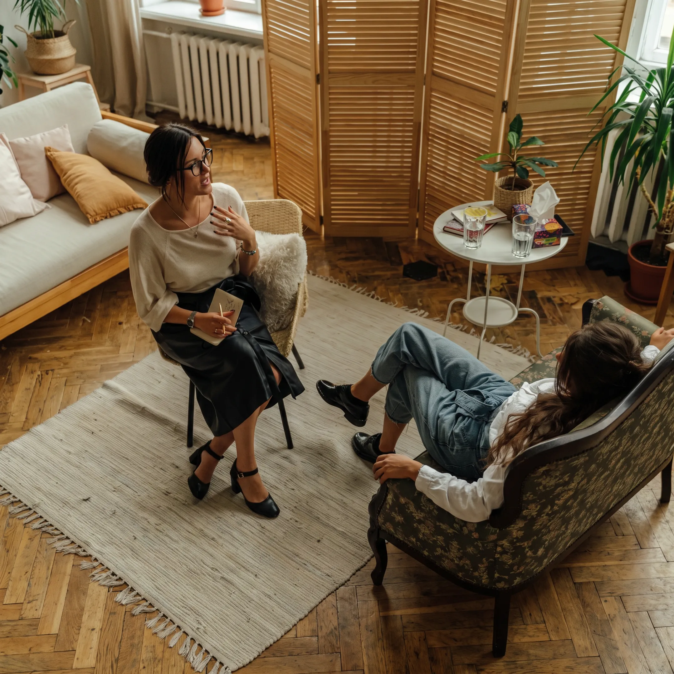 Adult client speaking with a behavioral health therapist during an IOP session