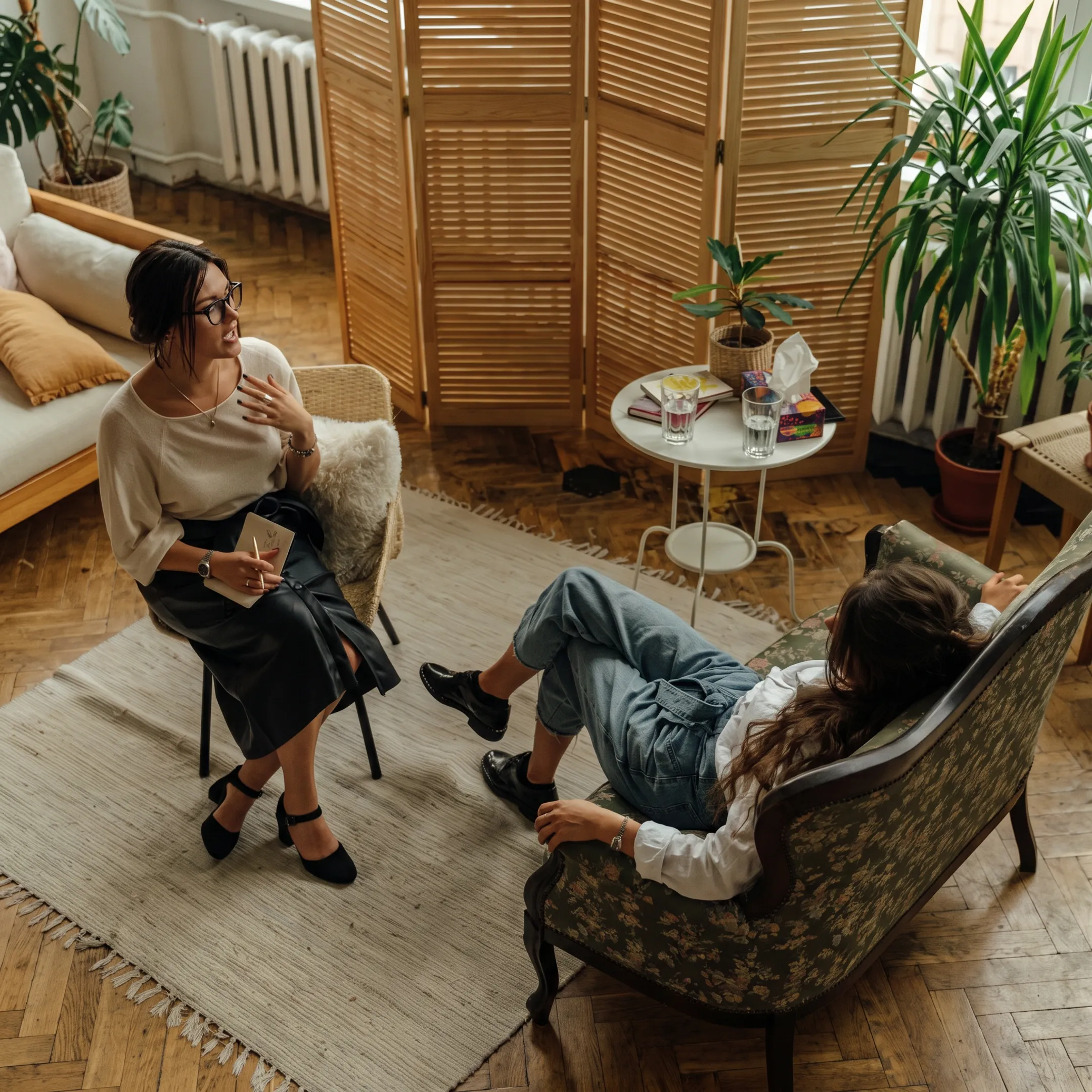 Residential depression treatment setting with a clinician speaking privately with an adult client