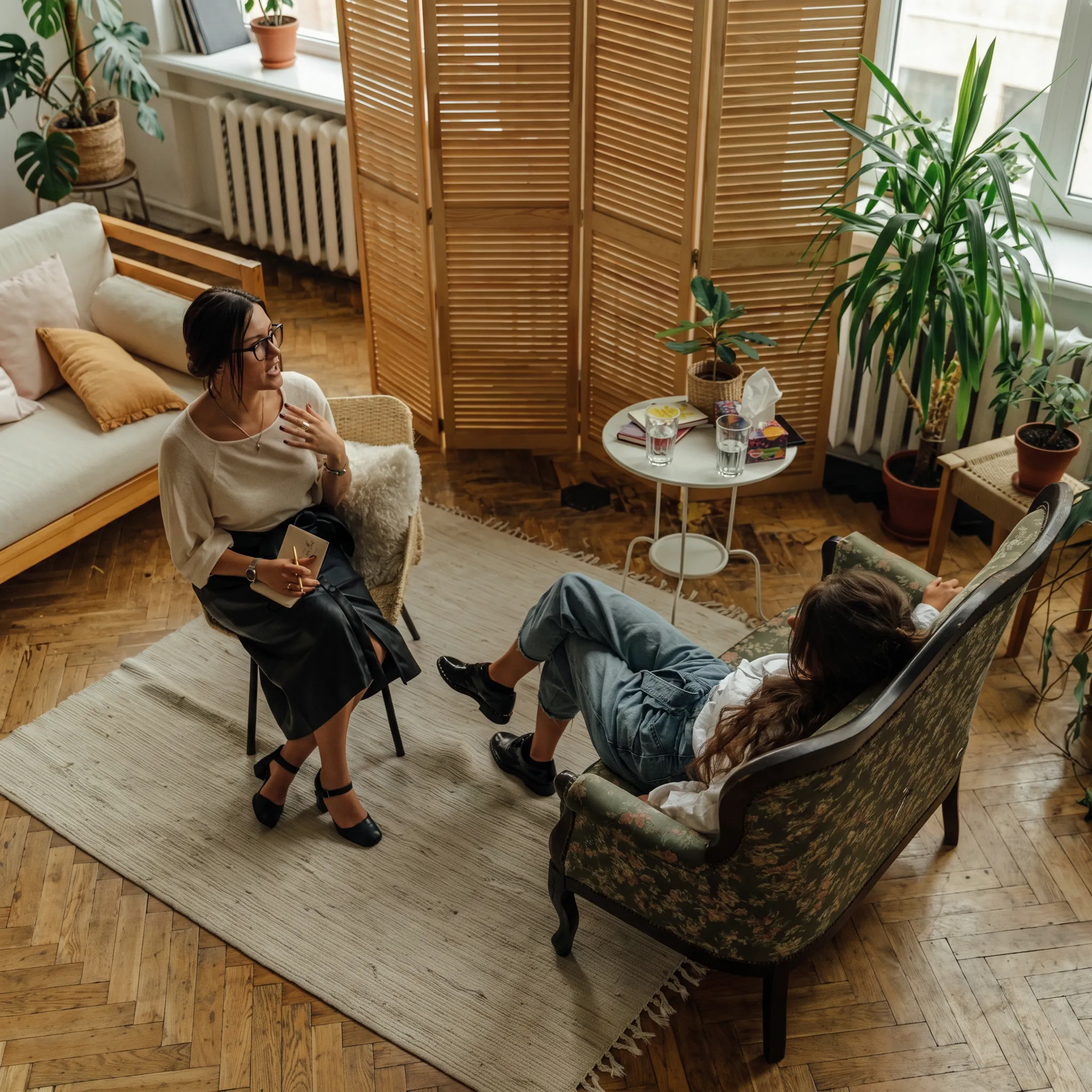 Adult client speaking with a behavioral health clinician during treatment