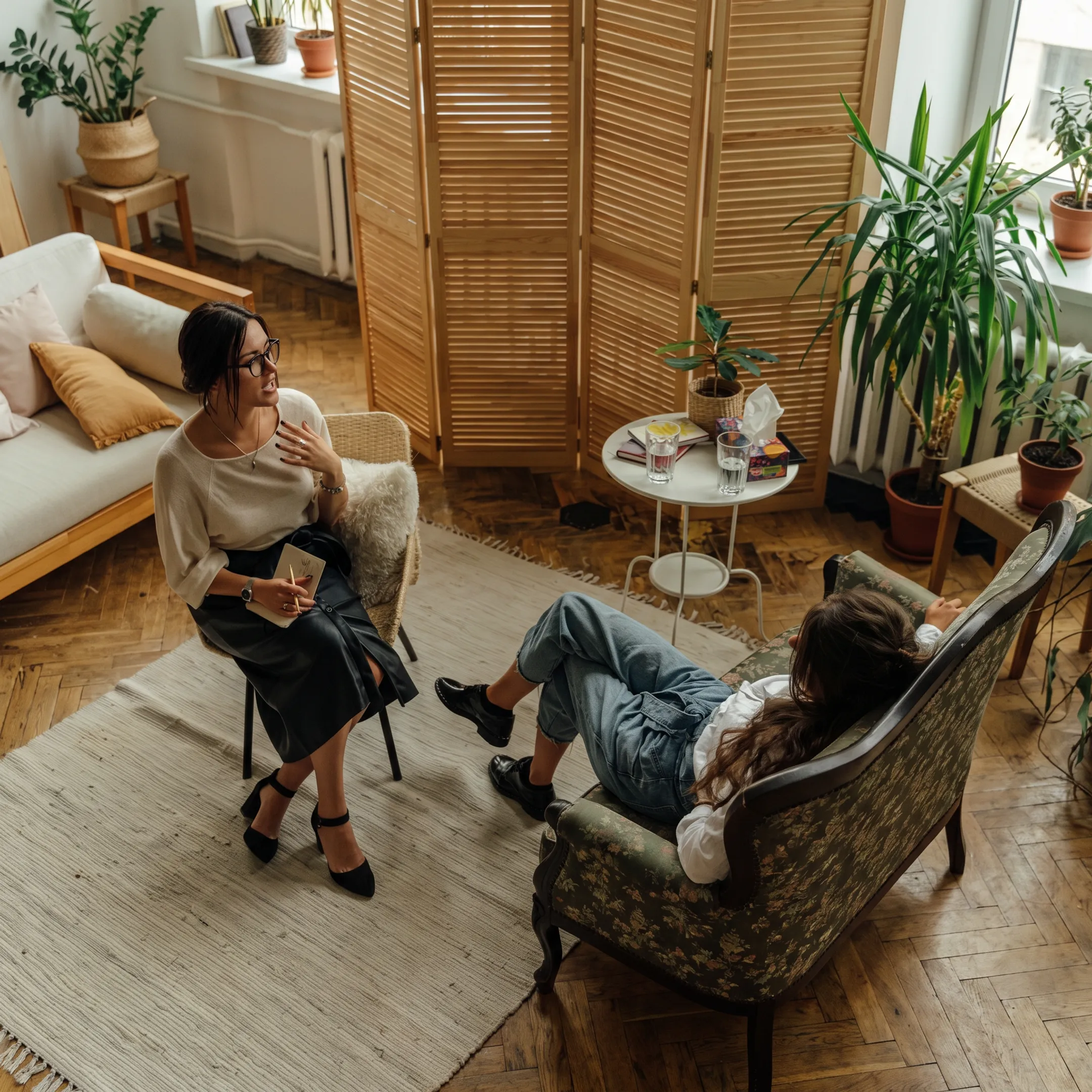Therapist meeting with adult clients in a calm mental health treatment setting