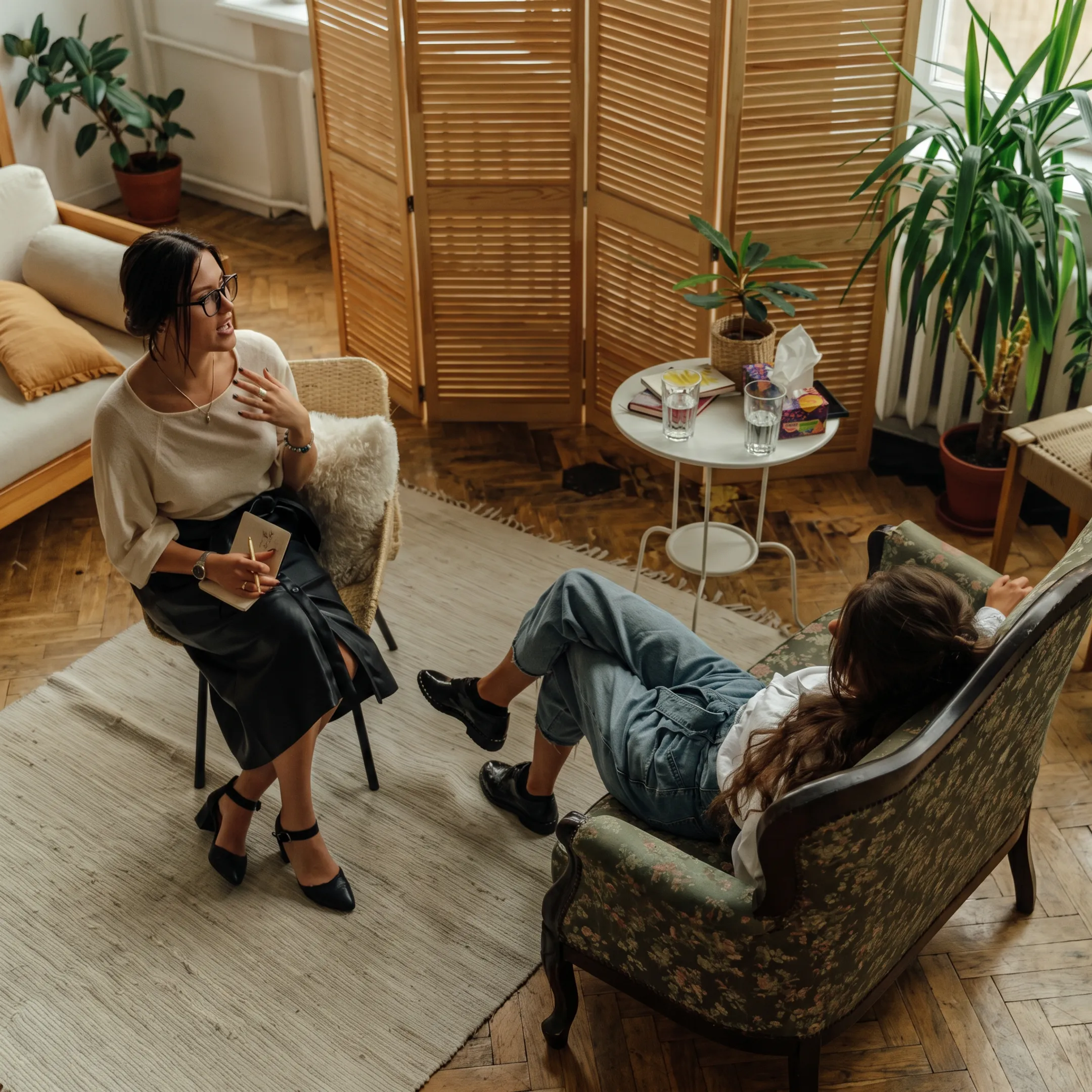 Clinician speaking compassionately with an adult during a mental health admissions consultation