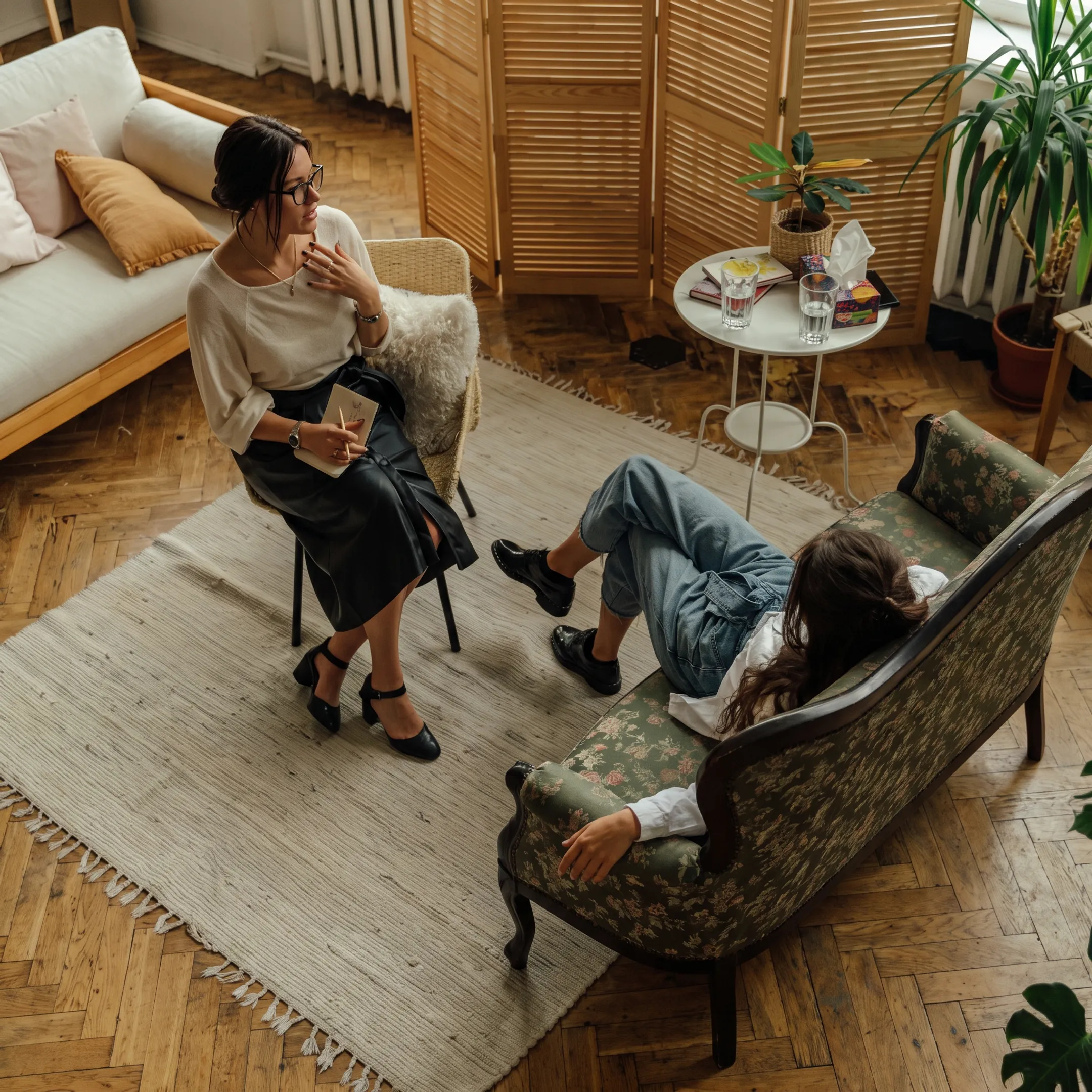 Mental health clinicians meeting with an adult client in a calm treatment setting