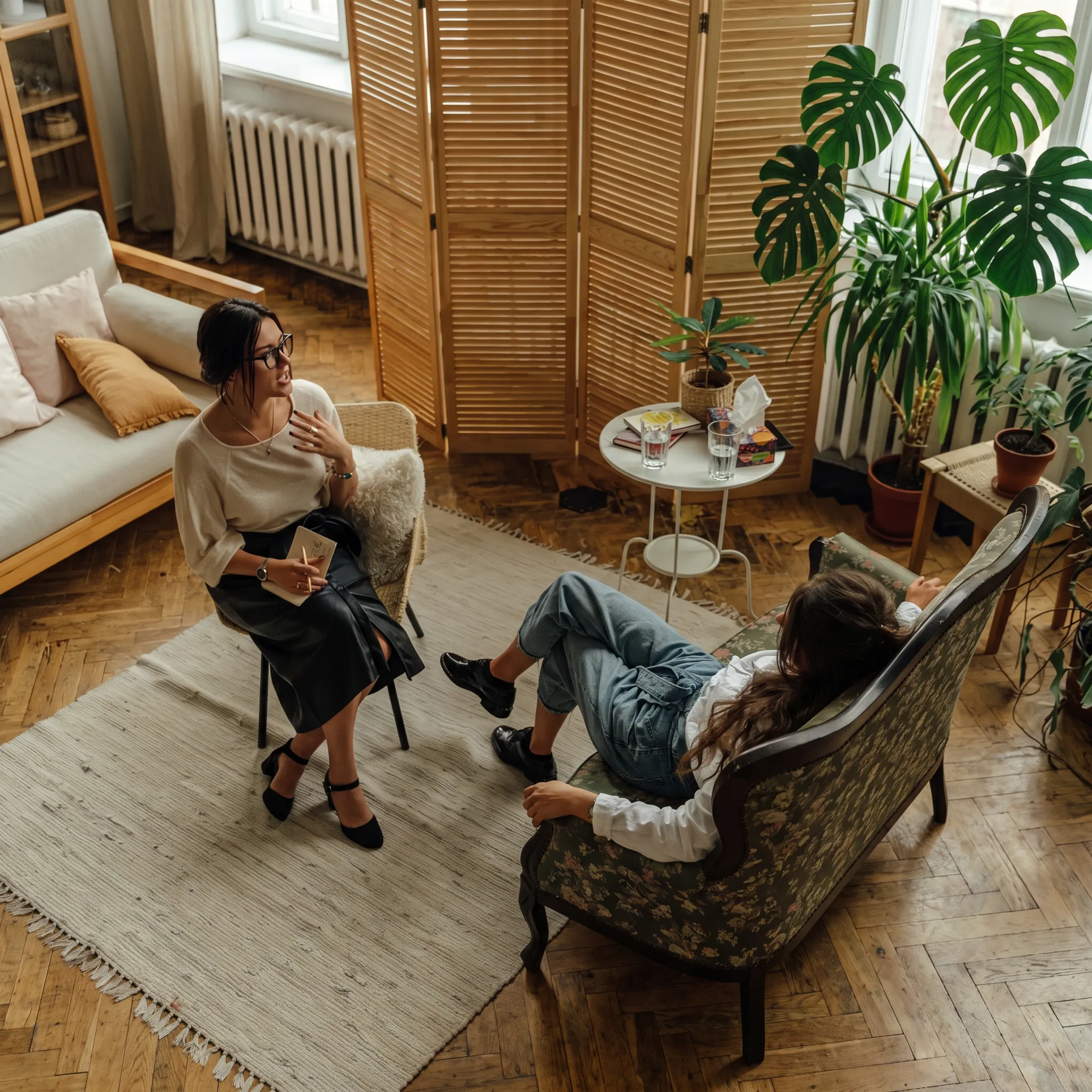 Adult receiving compassionate mental health counseling in a calming treatment setting