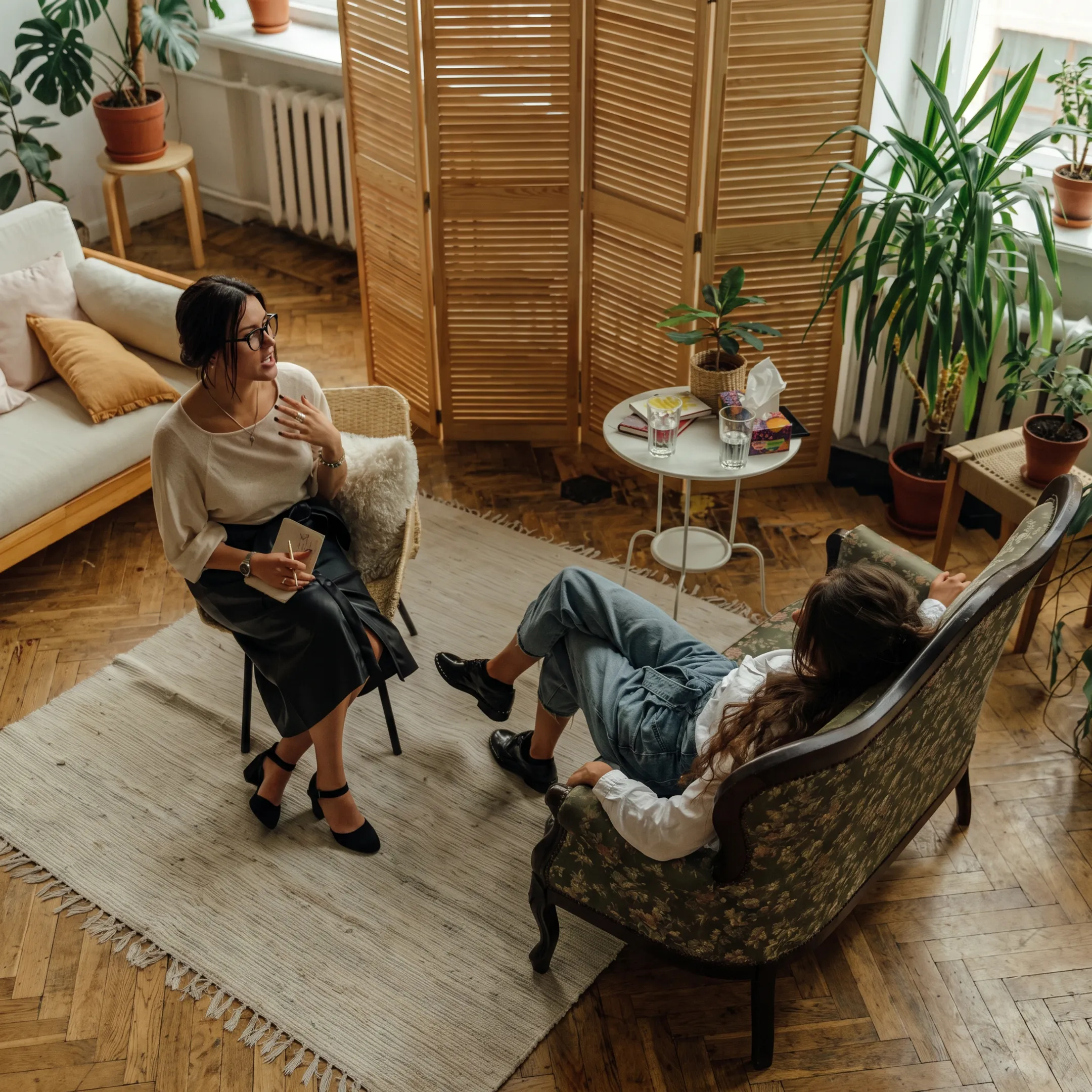 Behavioral health clinician guiding an adult client through a therapy session