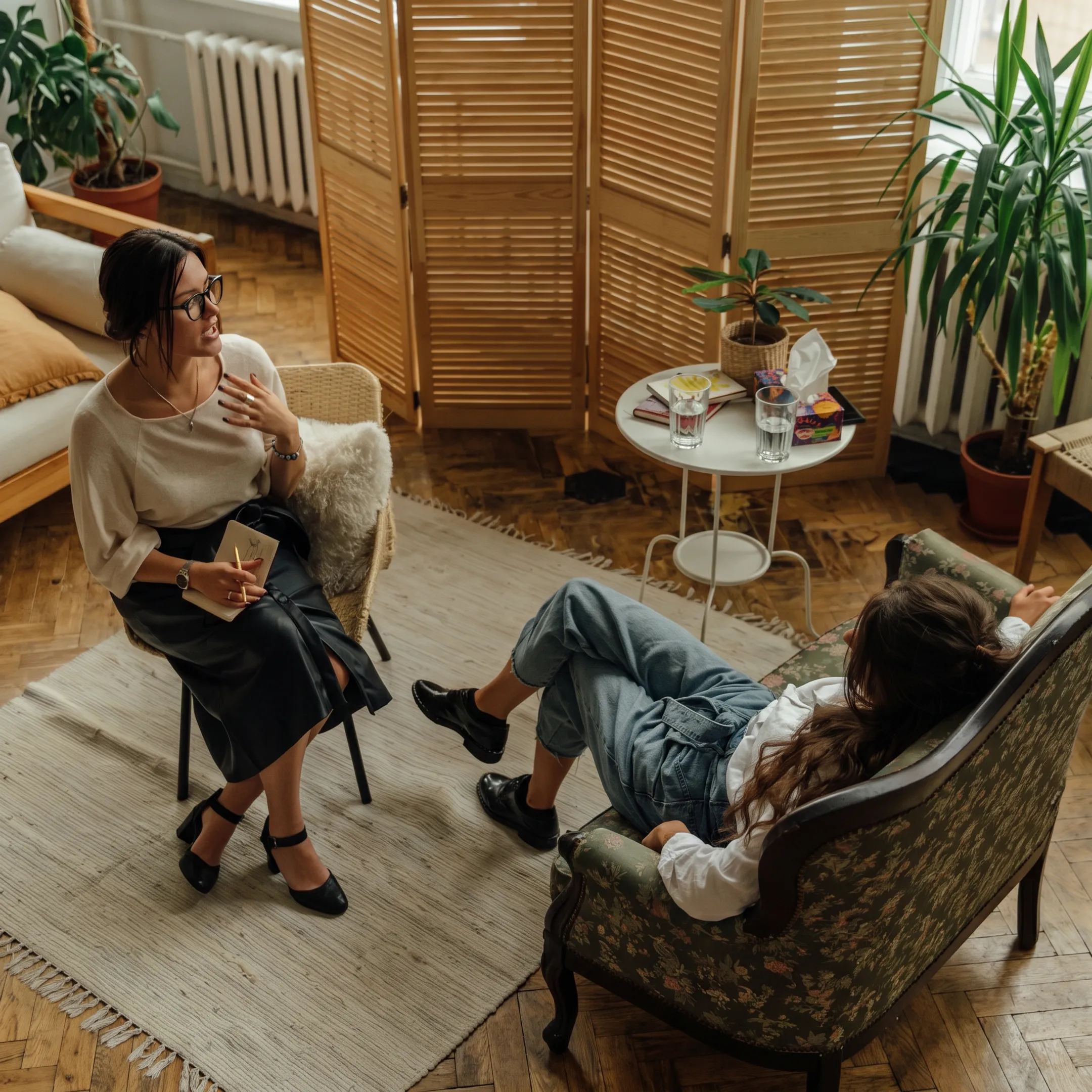 Clinician speaking with an adult client during a compassionate depression treatment consultation