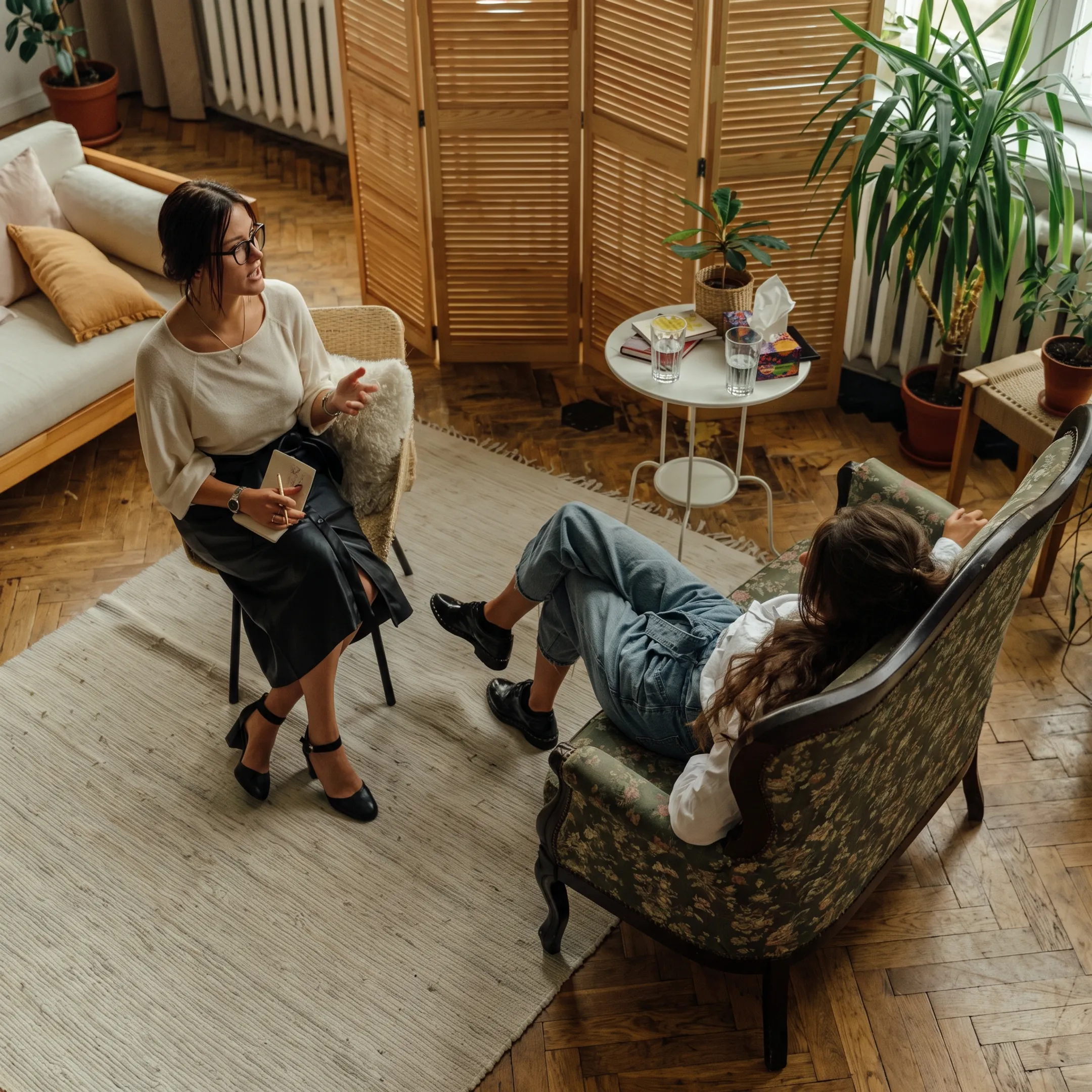 Clinician facilitating a group therapy discussion for young adults