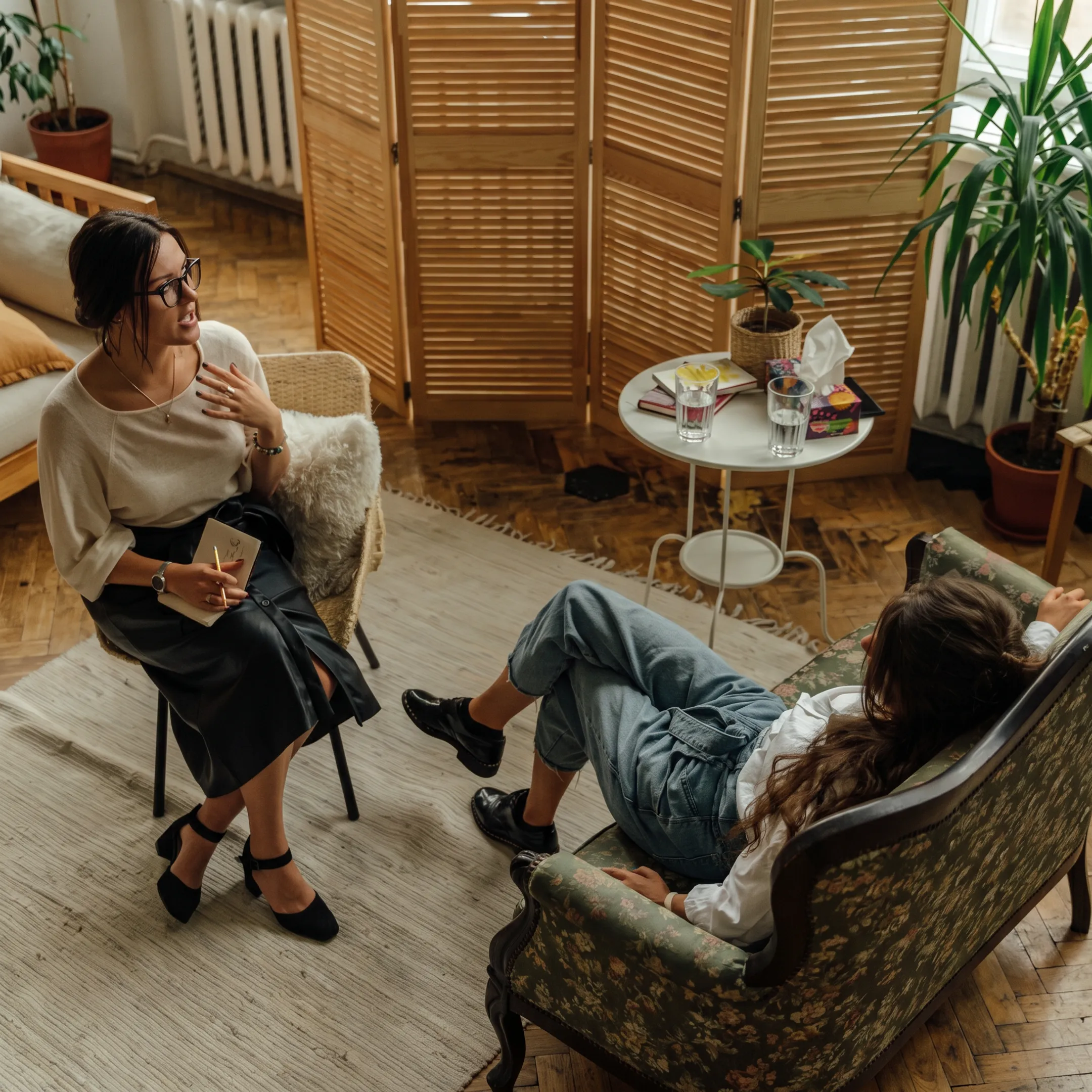 Adult mental health counseling session with clinician and client in a calm treatment setting