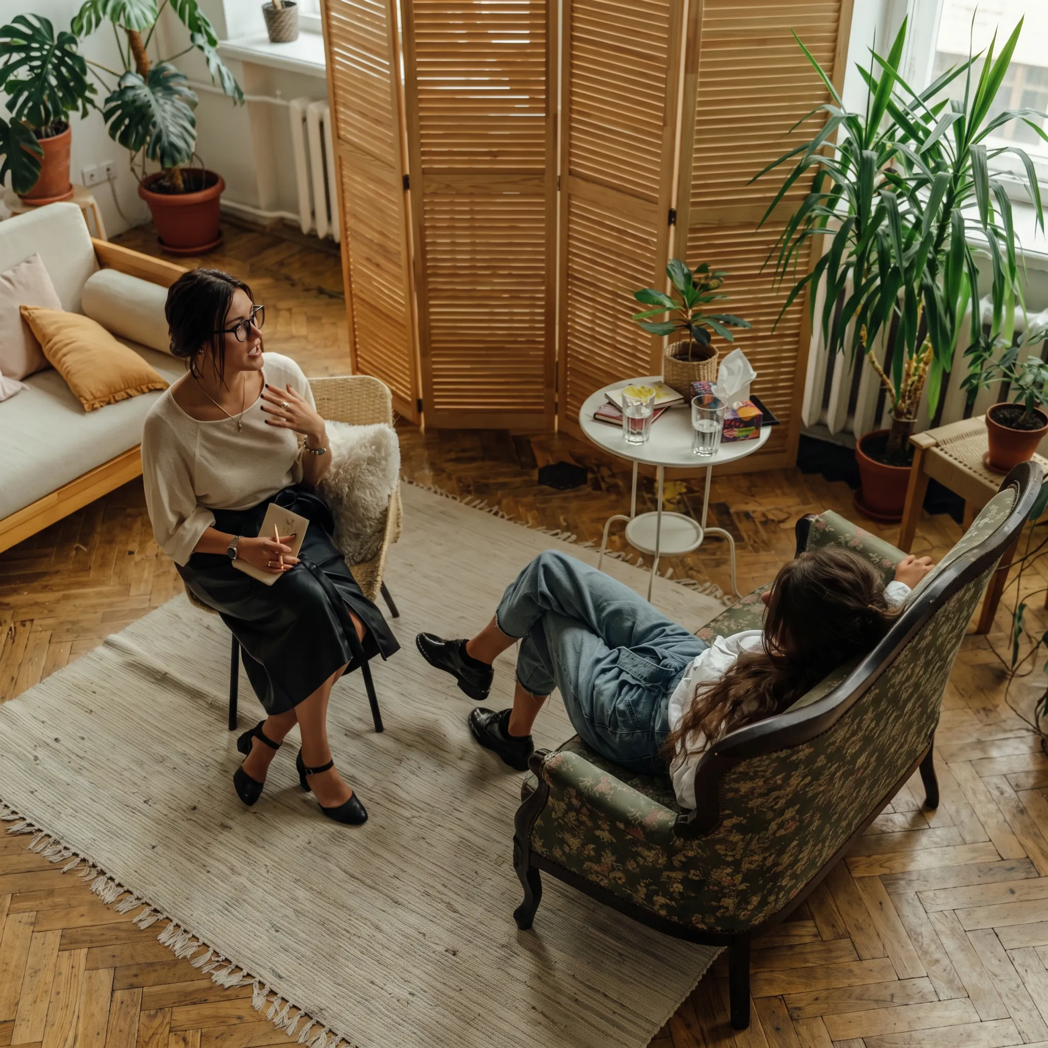 Clinician providing compassionate crisis support to an adult in a calm treatment setting