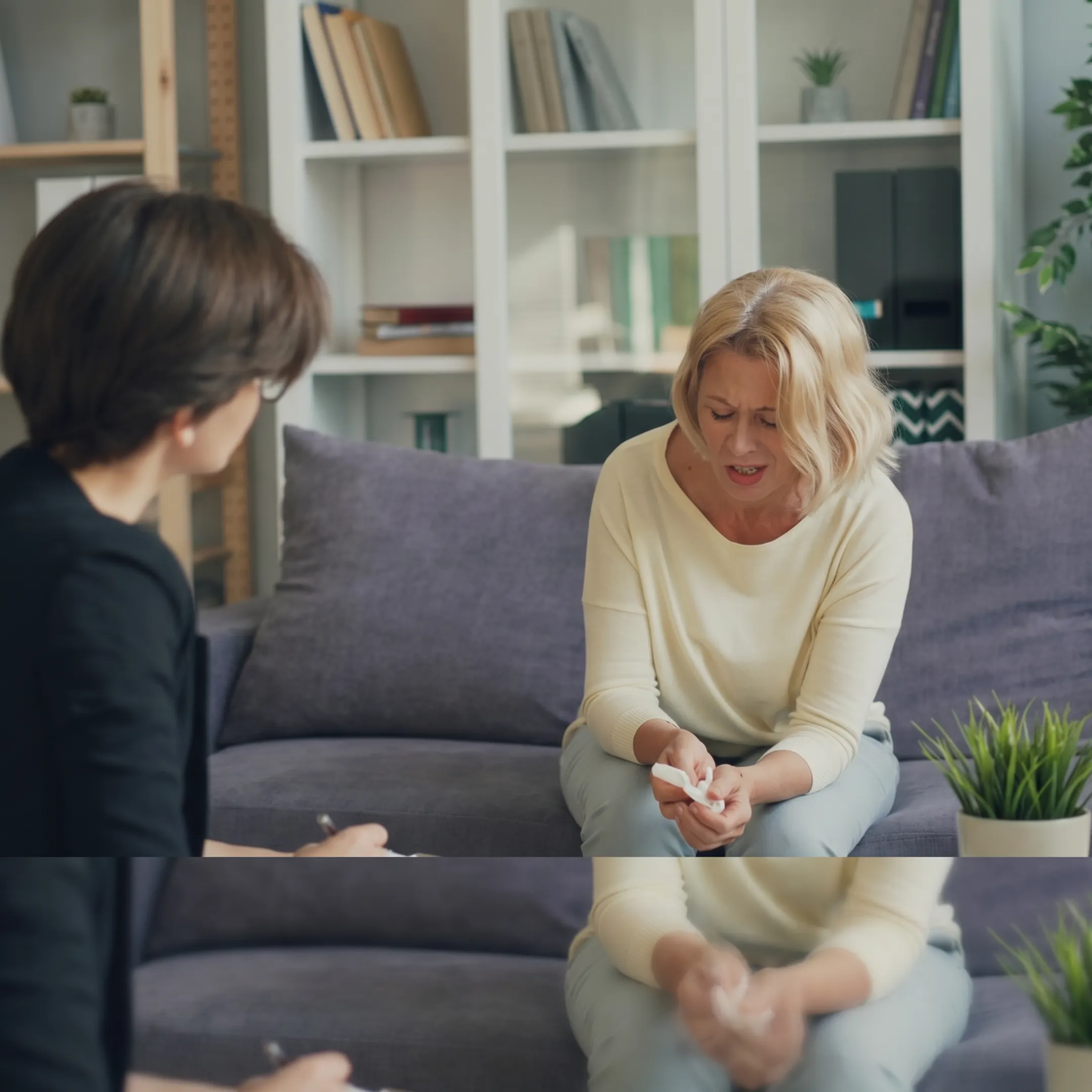 Person completing a mental health screening questionnaire with a clinician nearby